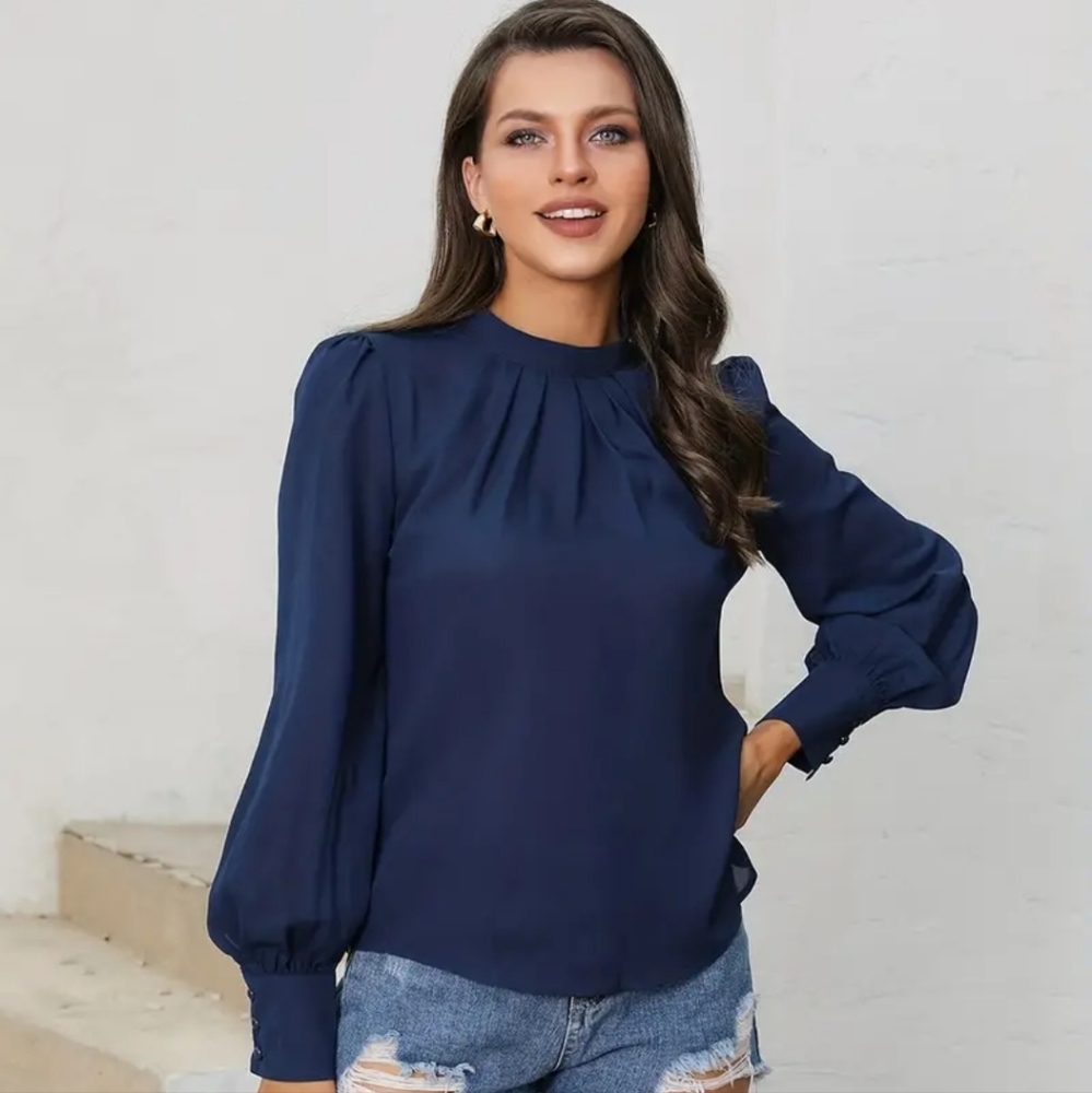 Women's Blouse Court Sleeve Chest Pleated Collar LongSleeve Chiffon Blouse